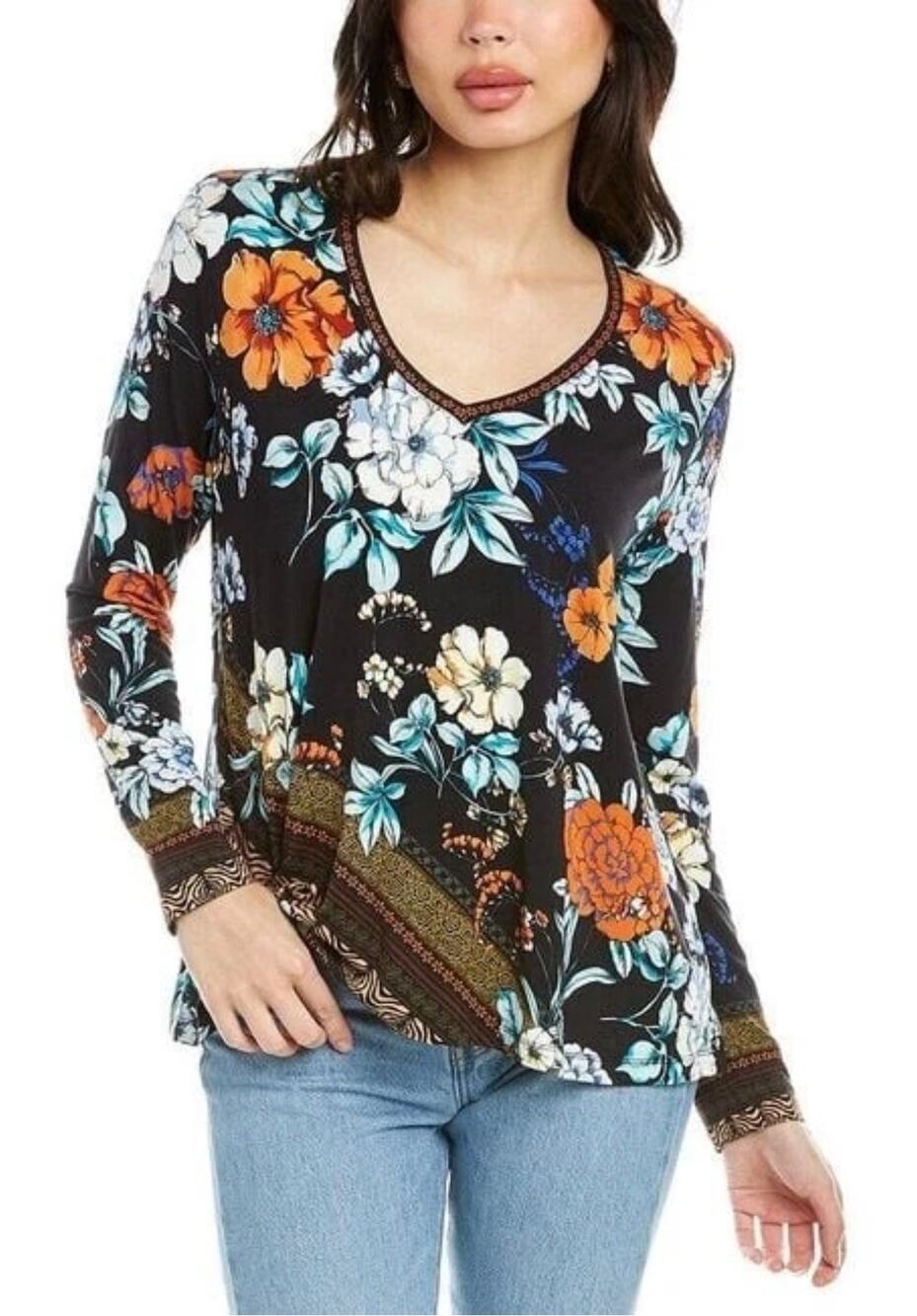 JOHNNY WAS Golden Spring Favorite Long Slv V-neck Swing Tee Bamboo Top